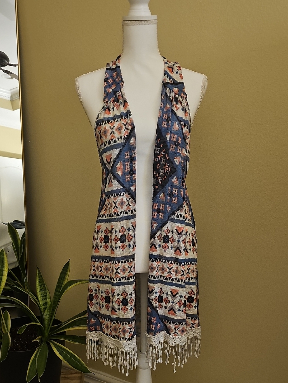 Boho Fringe Duster Vest - Blue, Cream & Coral